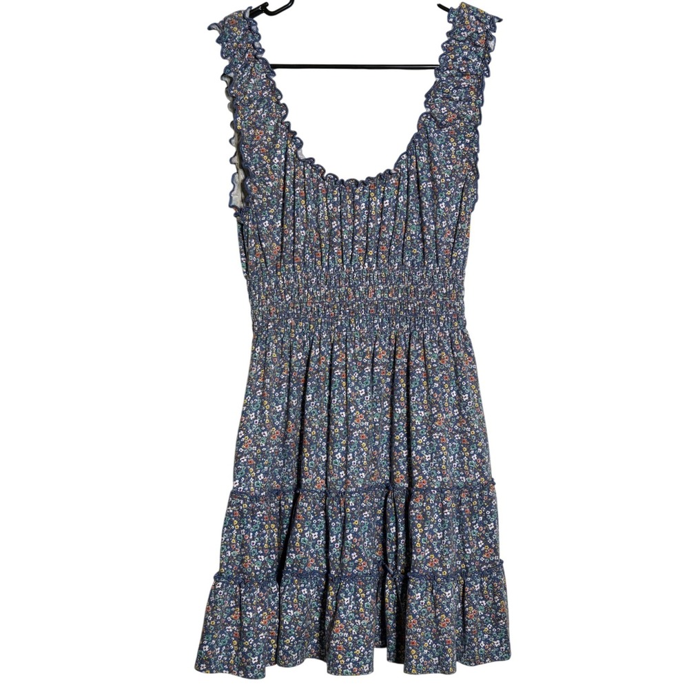Urban Outfitters Blue Floral Smocked Mini Dress Medium Tiered Boho Cottage Sun